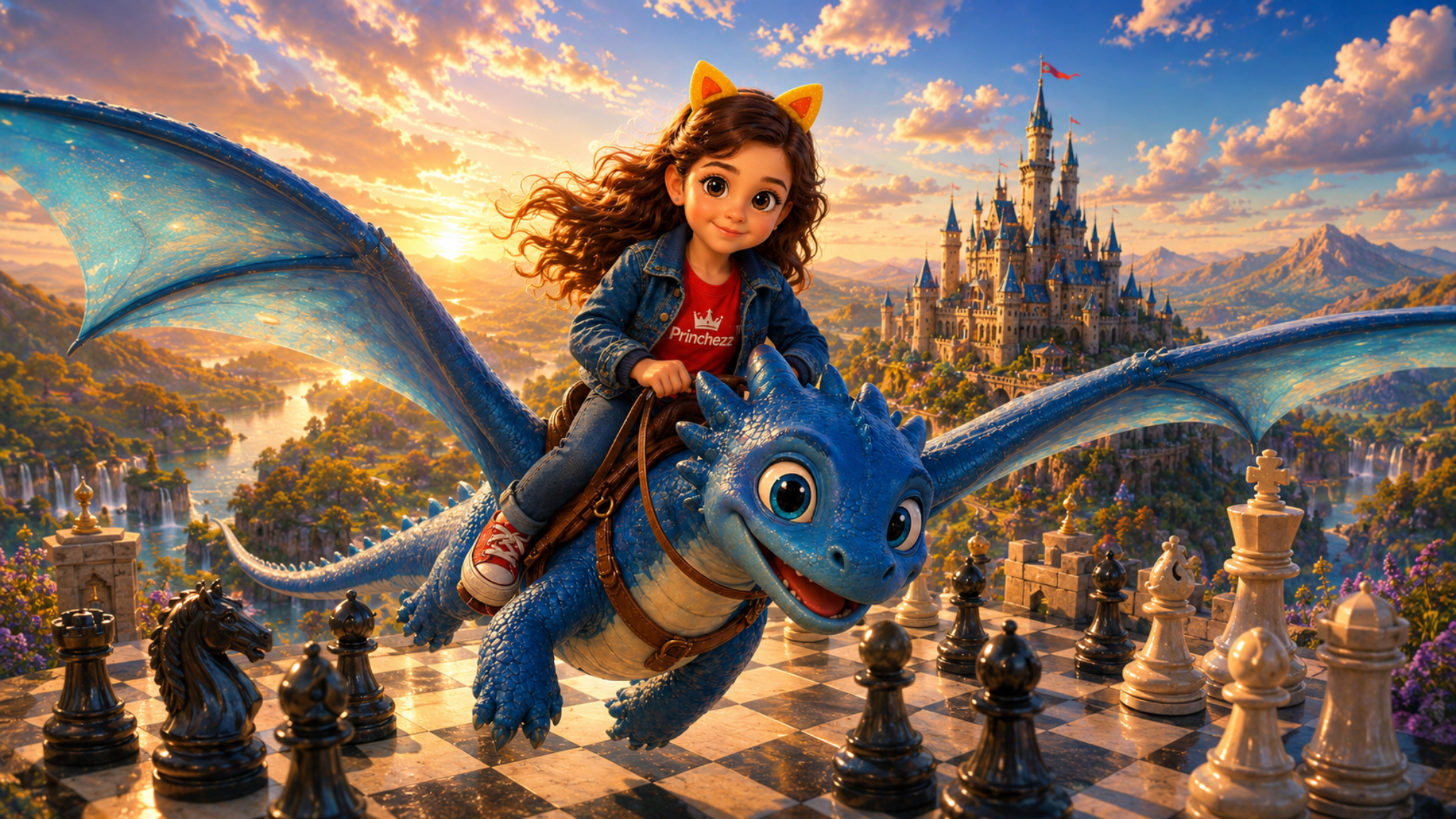 Princhezz montando un dragón azul sobre un tablero de ajedrez fantástico